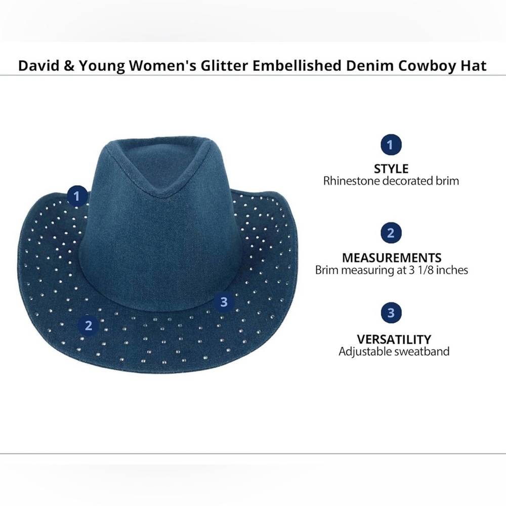 NWT/David & Young Women's Rhinestone Embellished Denim Cowboy Hat - Picture 4 of 9